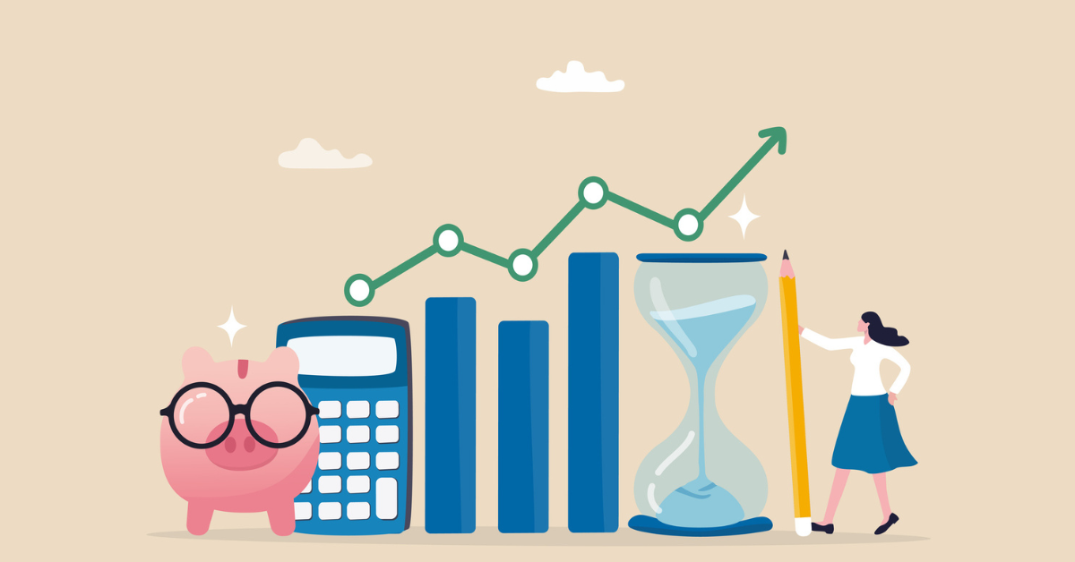 An illustration of a pig money box, business loan calculator, graph, hourglass and a lady in a blue skirt and white top holding up a very large pencil lined up
