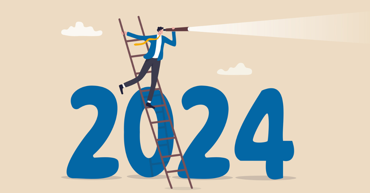 Image of a man looking through a telescope, a metaphor on looking into the future of 2024