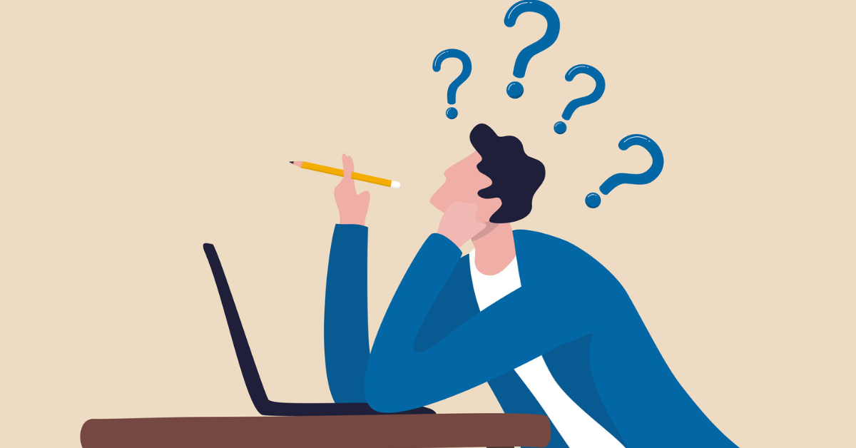 Illustration of a man at a laptop, pondering with question marks, symbolising the quest to differentiate fact from fiction regarding "Australian government debt consolidation loans"