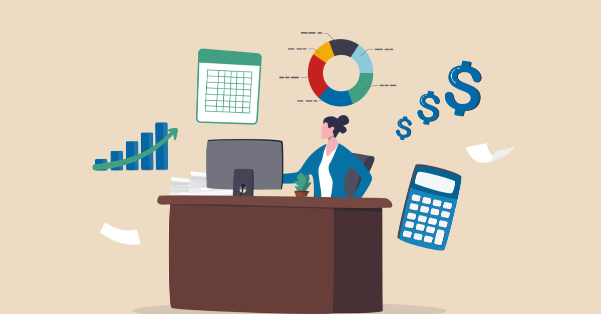 Financial analyst reviewing data with charts, calculator, and dollar signs symbolising financial planning and budget management