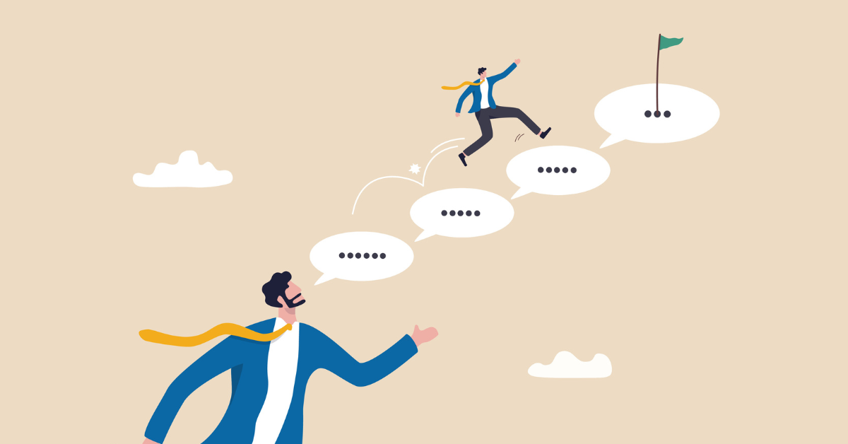Graphic of a person leaping across speech bubbles towards a flag on a peak, representing the steps and guidance offered by financial assistance programs in Victoria.