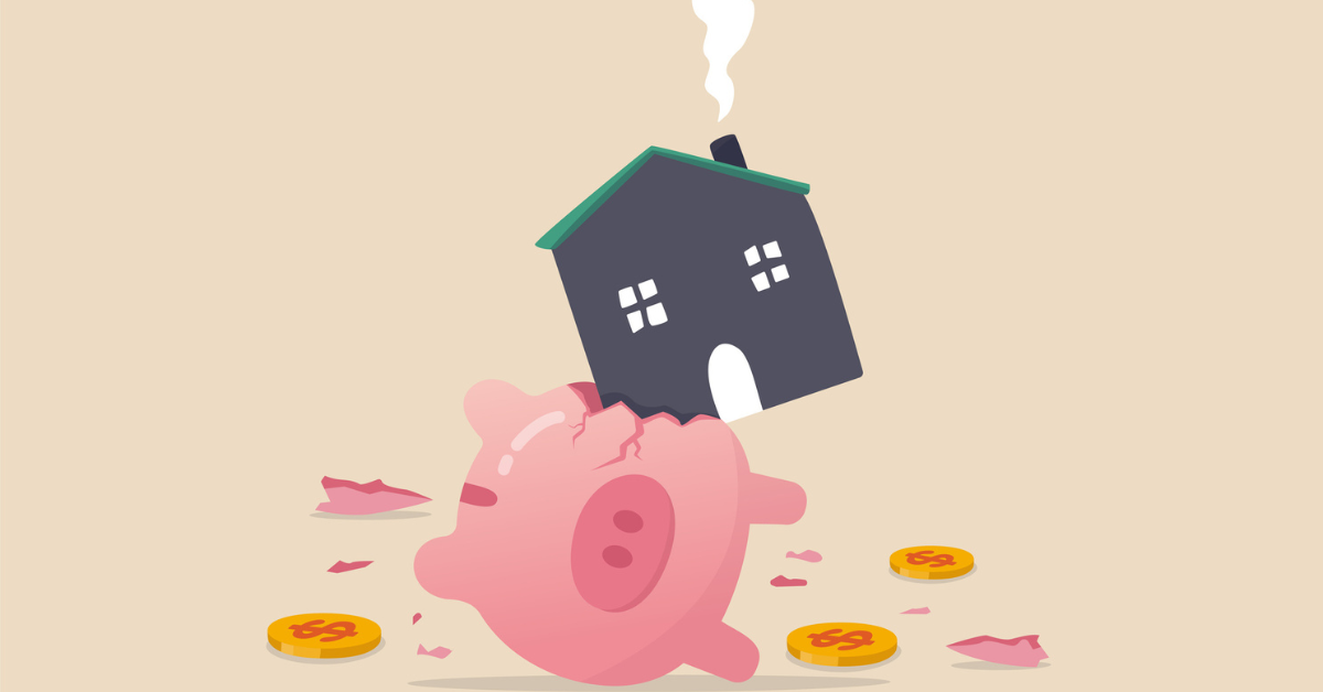 An illustration of a smashed pink pig money box lying on its back with coins and a house coming out of it, depicting paying rent arrears.
