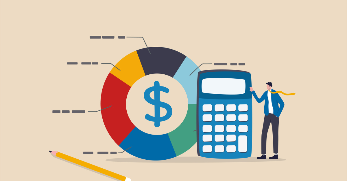 Financial planning concept with a person standing next to a calculator and colourful budget allocation pie chart.