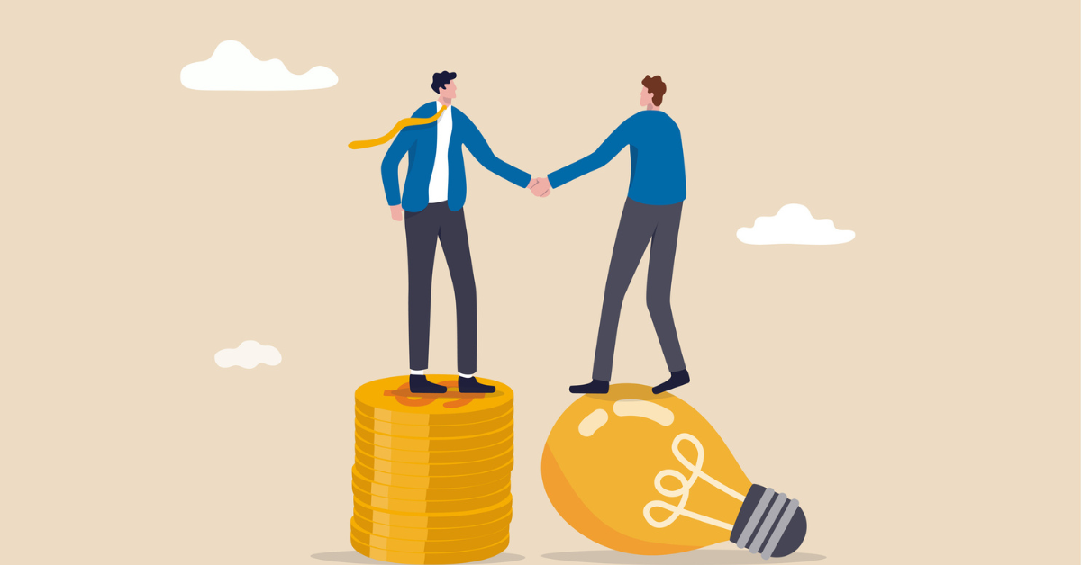 An illustration of two people shaking hands, one on stack of coins the other on a lightbulb, depicting securing debt consolidation loans with bad credit