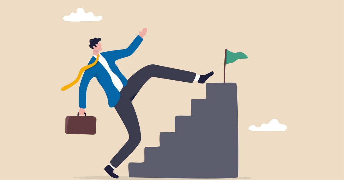 Illustration of a businessman effortlessly ascending a staircase towards a flag, symbolising the ease of obtaining the "easiest debt consolidation loan to get"