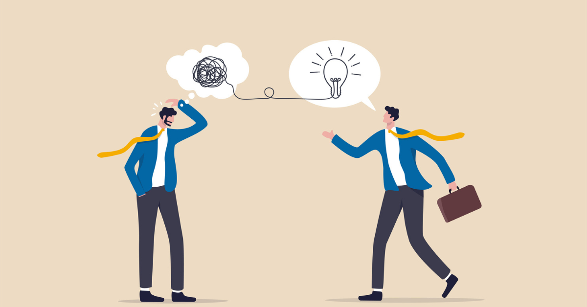 An illustration of two men in black pants and blue suit jackets facing each other. One has a light bulb speech bubble (depicting giving financial hardship assistance advice), and the other has ball of wool thought bubble. 