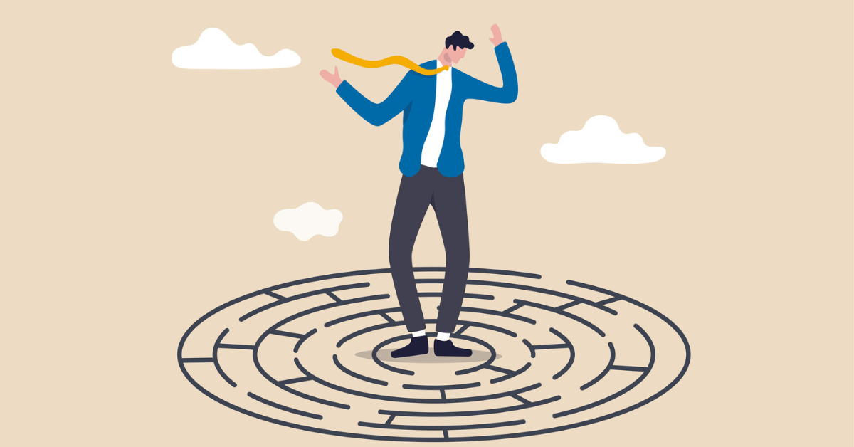 Illustration of person standing in the middle of a maze, wondering which way to try getting out of business debt.